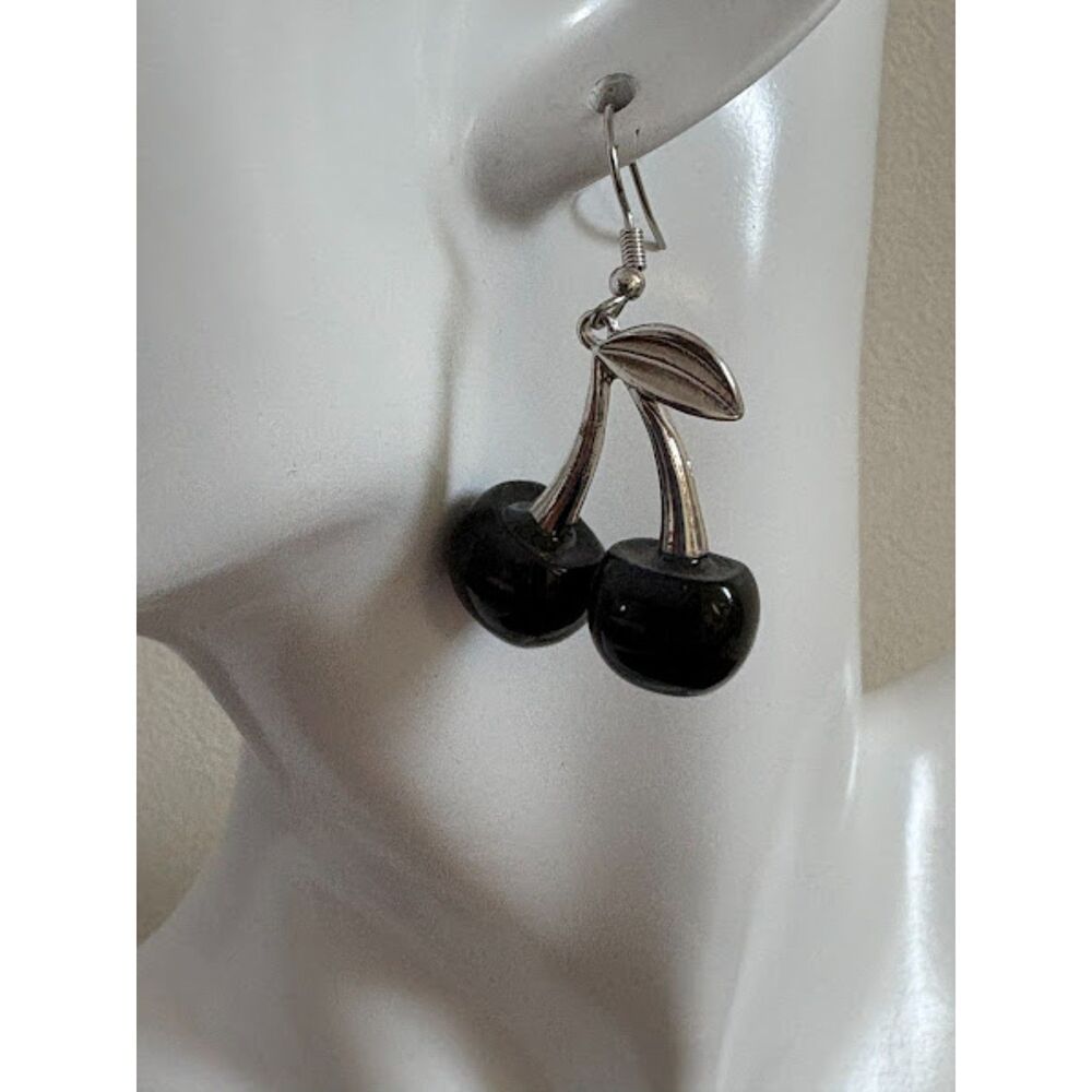 Black Cherry Dangle Earrings – Silver Tone